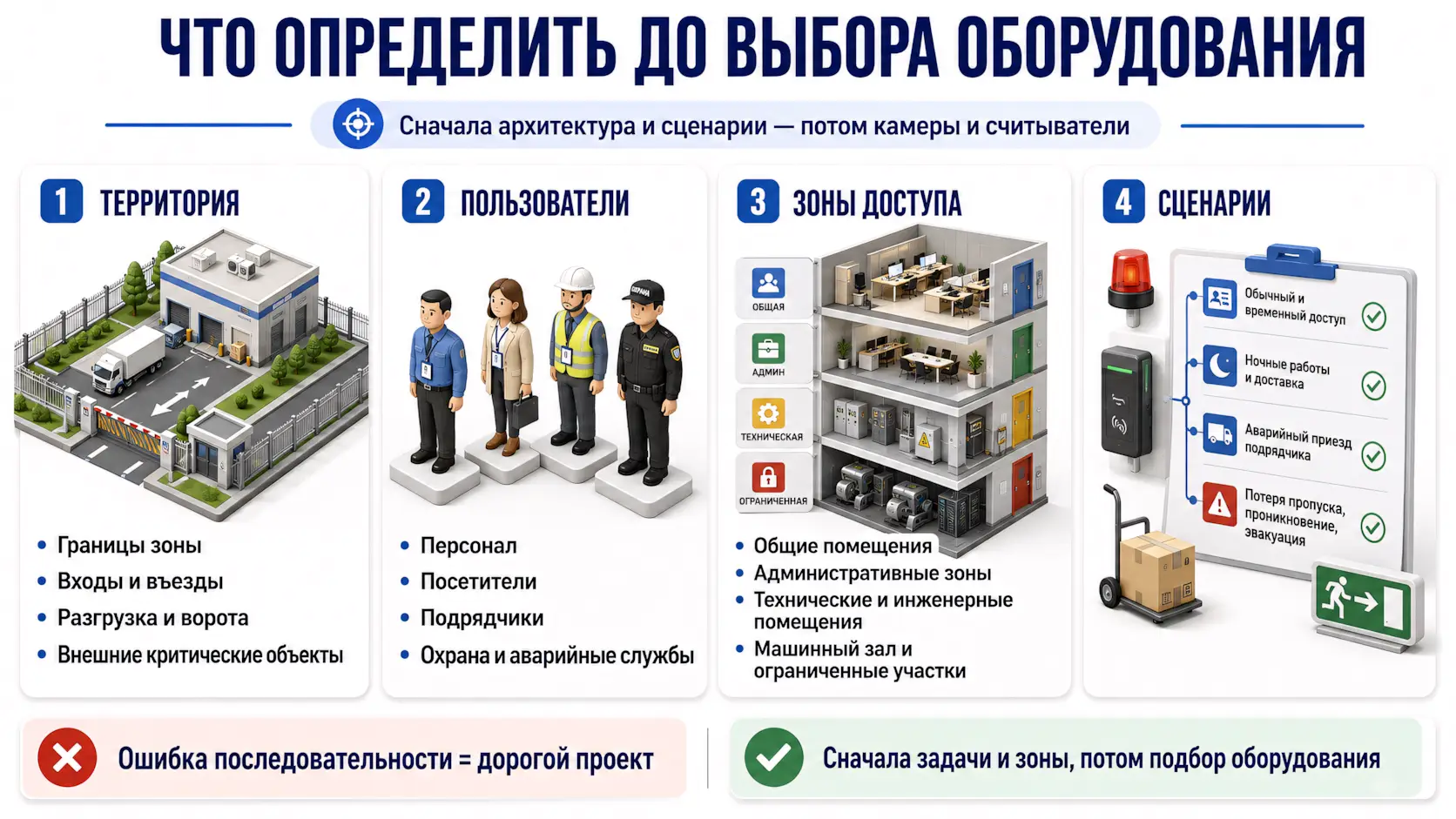 Инфографика - что определить до выбора оборудования - территория, пользователи, зоны доступа, сценарии