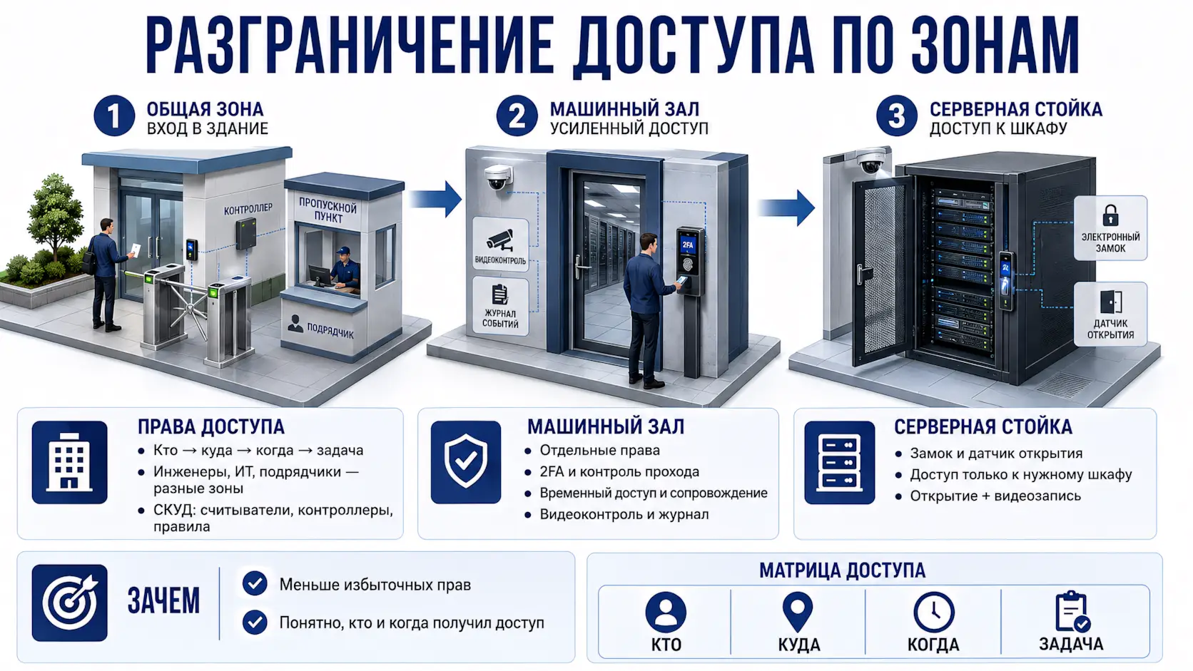 Разграничение доступа по зонам для ЦОД - общая зона, машинный зал, серверная стойка